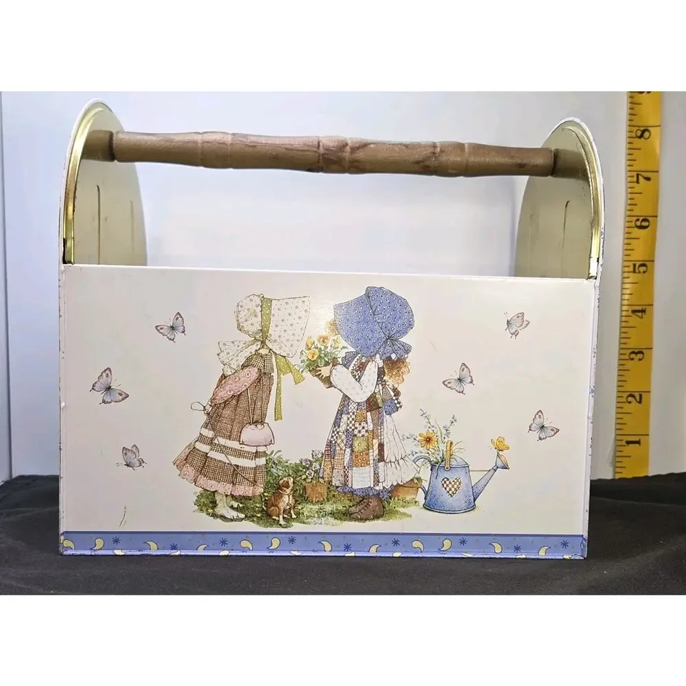 Vintage Holly Hobbie Metal Tin Storage Caddy Totes Wooden Handle 1970s Organizer